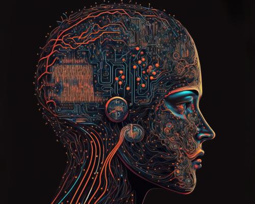Side profile of an AI robot head against a black bacgkround