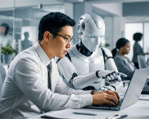 Man sitting at a desk with an AI robot next to him pointing at a computer screen