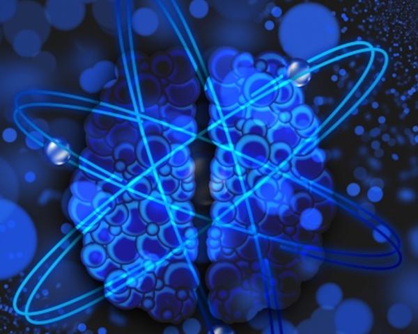 A blue brain with neurons surrounding it and blue energy balls against a black background