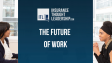 A banner that reads "the future of work" with white text and blue background. There are four people sitting at a desk having a conversation. 