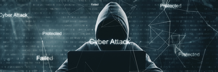 a hoodie by a computer with binary script behind it and the words cyber attack