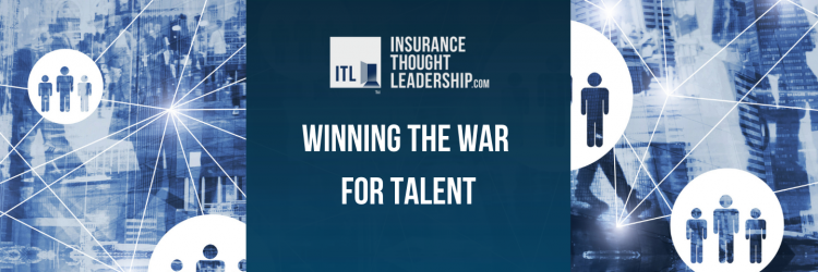 a banner that reads "winning the war for talent" it is white text on a blue background. The image is of several outlines of people connected by a network 
