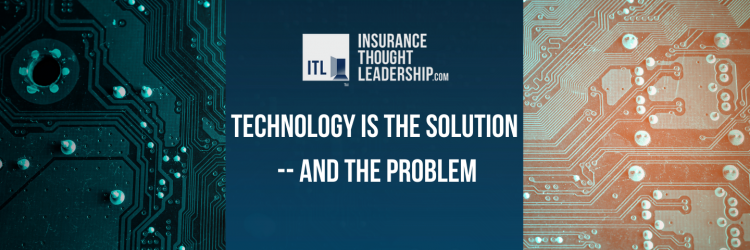 a background photo of computer hardware and a blue banner in front of it that reads "technology is the solution -- and the problem" in white lettering