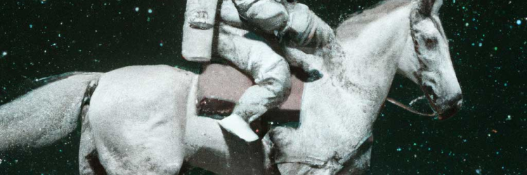 a astronaut riding a white horse  in outer space. 