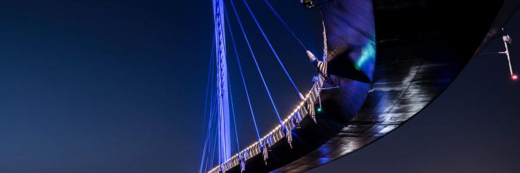 Low angle photo of a curving bridge at nighttime