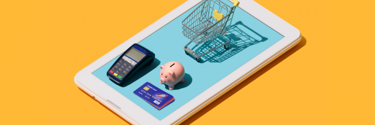 an ipad with min shopping cart, credit card, credit card machine and piggy bank on it. There is a yellow background. 