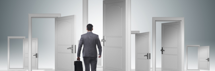 a graphic with multiple doors in a white void. A man in a suit is walking through the first and more central door. 
