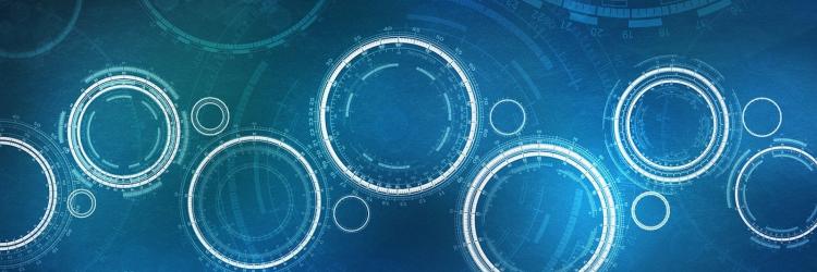 Abstract circles representing the digital world and the metaverse across a blue background