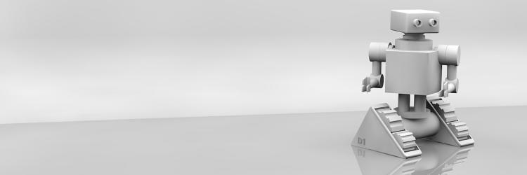 Computer rendered robot on plain white and gray background