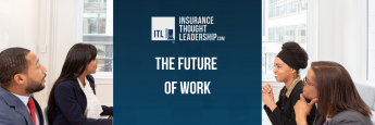 A banner that reads "the future of work" with white text and blue background. There are four people sitting at a desk having a conversation. 