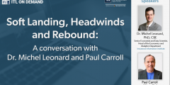 Blue background with white text of webinar soft landing, headwinds and rebound image. A conversation with Dr. Michel Leonard and Paul Carroll. 