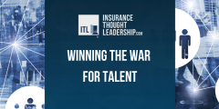 a banner that reads "winning the war for talent" it is white text on a blue background. The image is of several outlines of people connected by a network 