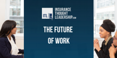 A banner that reads "the future of work" with white text and blue background. There are four people sitting at a desk having a conversation. 