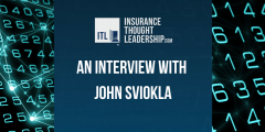A banner that has the insurance thought leadership.com logo in white and text that reads "an interview with John Sviokle" that is colored white on a navy blue background. Behind the text is a graphic representing a computer algorithm.
