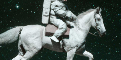 a astronaut riding a white horse  in outer space. 