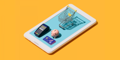 an ipad with min shopping cart, credit card, credit card machine and piggy bank on it. There is a yellow background. 