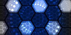 Dark blue and light blue small honeycombs in large honeycombs representing digital and technology