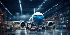 A blue and white plane in a factory under lights and with yellow moving vehicles around it